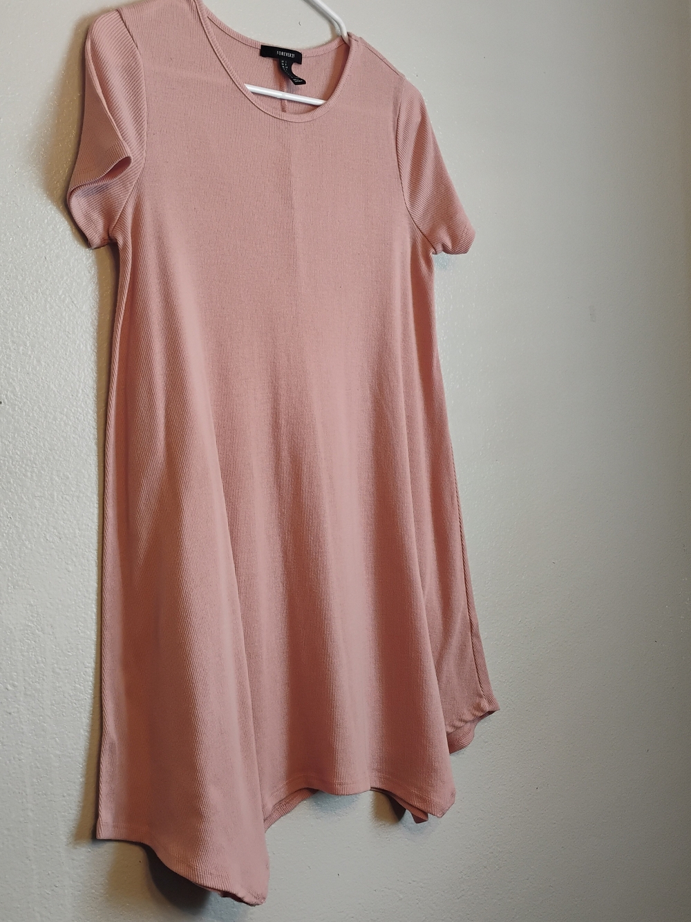 Forever 21 Women’s Large Dusty Pink Ribbed Swing Dress Handkerchief Hem
